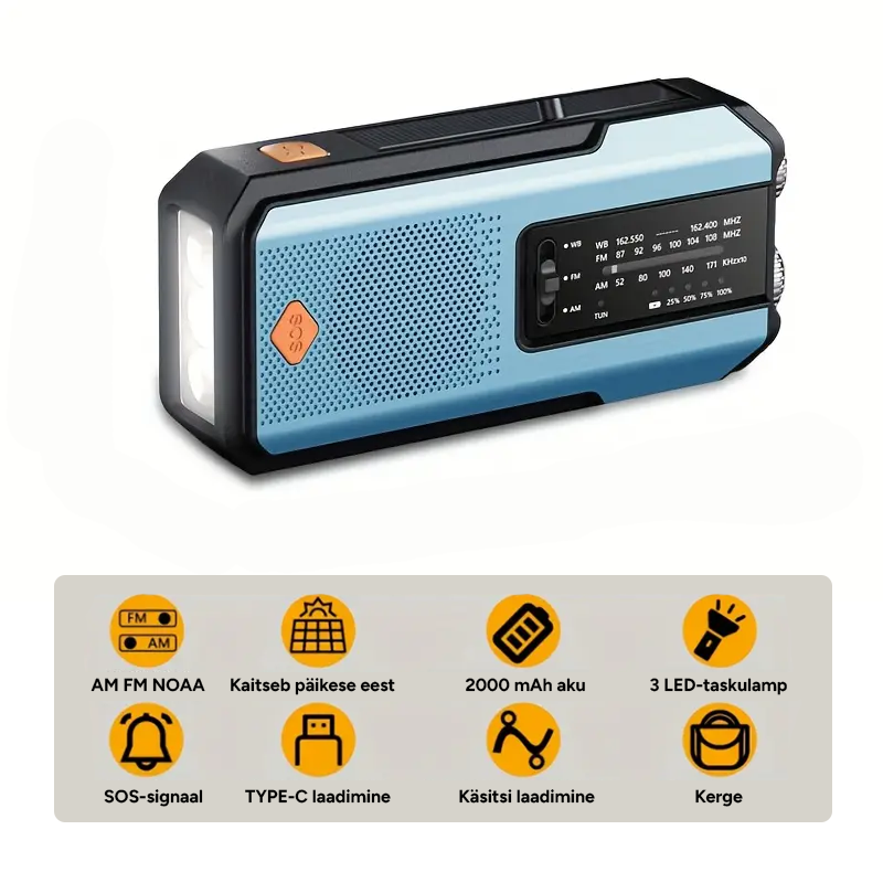 Multifunktsionaalne käeshoitav hädaabiraadio taskulambi ja laadijaga