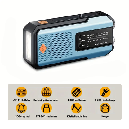 Multifunktsionaalne käeshoitav hädaabiraadio taskulambi ja laadijaga